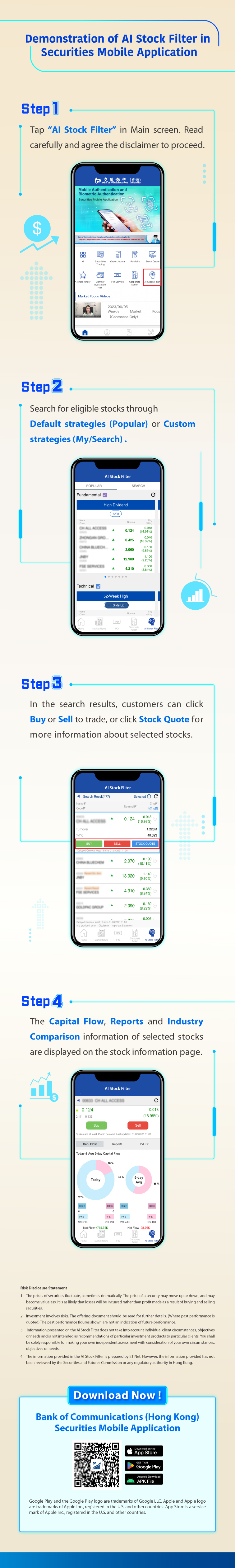 demonstration of ai stock filter in securities mobile application step 1 - tap “ai stock filter” in main screen. read carefully and agree the disclaimer to proceed. step 2 - search for eligible stocks throughdefault strategies (popular) or custom strategies (my/search) . step 3 - in the search results, customers can click buy or sell to trade, or click stock quote for more information about selected stocks. step 4 - the capital flow, reports and industry comparison information of selected stocks are displayed on the stock information page.  risk disclosure statement 1.	the prices of securities fluctuate, sometimes dramatically. the price of a security may move up or down, and may become valueless. it is as likely that losses will be incurred rather than profit made as a result of buying and selling securities. 2.	investment involves risks. the offering document should be read for further details. (where past performance is quoted) the past performance figures shown are not an indication of future performance. 3.	information presented on the ai stock filter does not take into account individual client circumstances, objectives or needs and is not intended as recommendations of particular investment products to particular clients. you shall be solely responsible for making their own independent assessment with consideration of their own circumstances,objectives or needs. 4.	the information provided in the ai stock filter is prepared by et net. however, the information provided has not been reviewed by the securities and futures commission or any regulatory authority in hong kong.  download now ! bocom(hk) securities mobile app apple and the apple logo are trademarks of apple inc., registered in the u.s. and other countries. app store is a service mark of apple inc.. android, google play, and the google play logo are trademarks of google inc..
