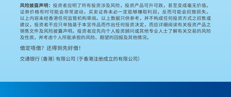风险披露声明：投资者应明了所有投资涉及风险，投资产品可升可跌，甚至变成毫无价值。证券价格有时可能会非常波动，买卖证券未必一定能够赚取利润，反而可能会招致损失。以上内容未经香港任何监管机构审阅。以上数据只供参考，并不构成任何投资方式之招售或建议，投资者不应只单独基于本宣传品而作出任何投资决定，而应详细阅读有关投资产品之销售文件及风险披露声明。投资者应先向个人投资顾问或其他专业人士了解有关交易的风险及性质，并考虑个人所能承担的风险、期望的回报及其他情况。 借定唔借？还得到先好借！ 交通银行（香港）有限公司（于香港注册成立的有限公司）